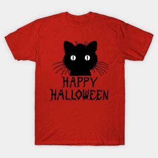 Cute Black Halloween Cat with Whiskers Happy Halloween T-Shirt